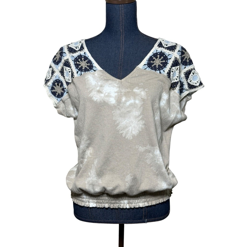 Crochet Sleeve Boho Top Woman's Large Tie Dye Cottagecore Peasant Festival